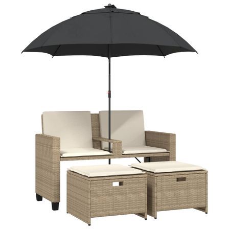 Canapé de jardin 2 places avec parasol et tabourets beige rotin