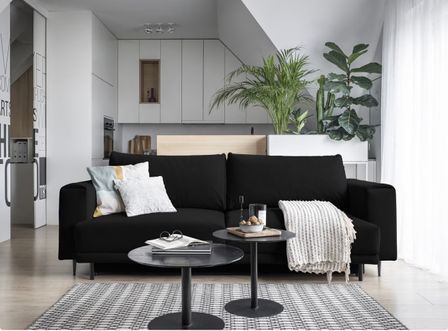 Canapé droit convertible 3 places velours DAVINA 246 cm - Coffre & pieds métal noir