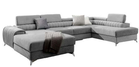 Canapé en U convertible KALANTE tissu - Coffre de rangement et appuie-têtes réglables