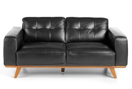 Canapé KIRO – Cuir de vachette noir matelassé, pieds noyer