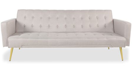 Canapé lit 3 places tissu beige et pieds métal doré Justine 175 cm