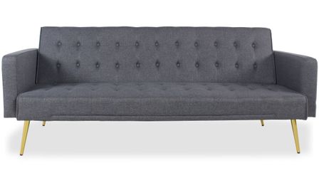 Canapé lit 3 places tissu gris foncé et pieds métal doré Justine 175 cm