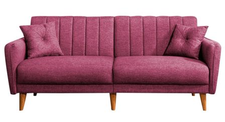 Canapé lit 3 places tissu lin rouge guava et pieds bois naturel Shekal 210 cm