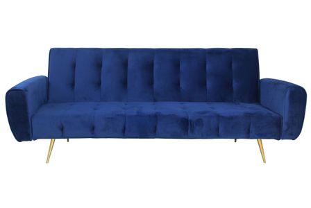 Canapé lit 3 places velours bleu et pieds métal doré Venci