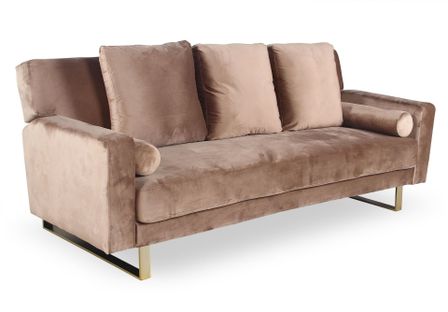 Canapé lit 3 places velours taupe et pieds métal doré Lunna
