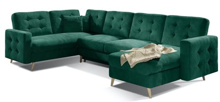 Canapé panoramique convertible ANSKA en velours avec pieds en bois naturel – 325 cm