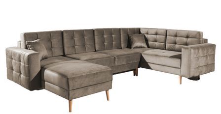 Canapé panoramique convertible ANSKA en velours avec pieds en bois naturel – 325 cm