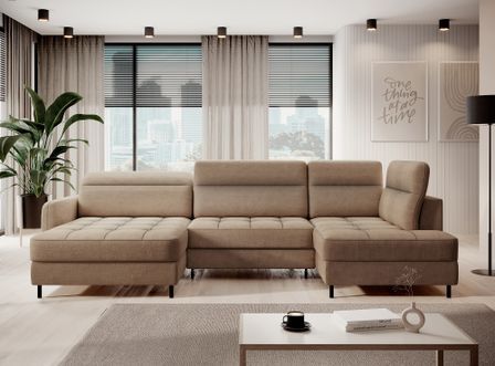 Canapé panoramique convertible BENTO en tissu avec coffre de rangement