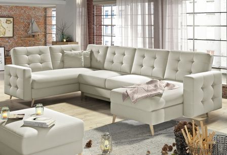 Canapé panoramique convertible capitonné simili cuir beige Anska 320 cm