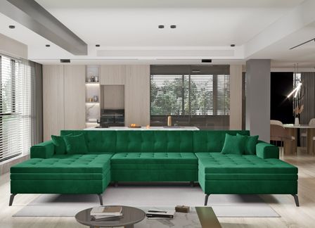 Canapé panoramique convertible en tissu ROMY - Pieds métal noir