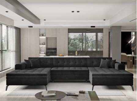 Canapé panoramique convertible en tissu ROMY - Pieds métal noir