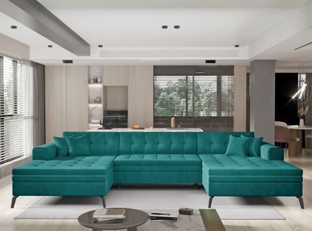 Canapé panoramique convertible en velours ROMY - Pieds métal noir