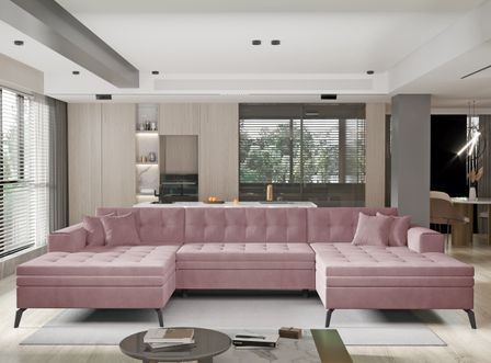 Canapé panoramique convertible en velours ROMY - Pieds métal noir