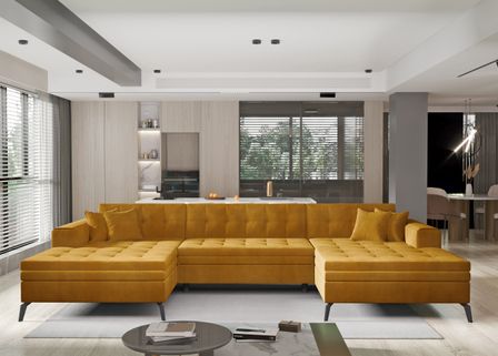 Canapé panoramique convertible en velours ROMY - Pieds métal noir