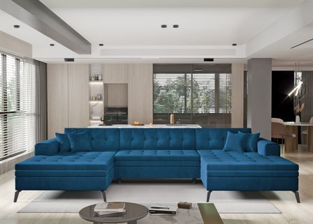 Canapé panoramique convertible en velours ROMY - Pieds métal noir