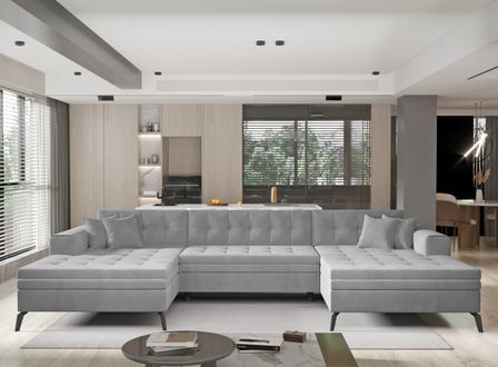 Canapé panoramique convertible en velours ROMY - Pieds métal noir