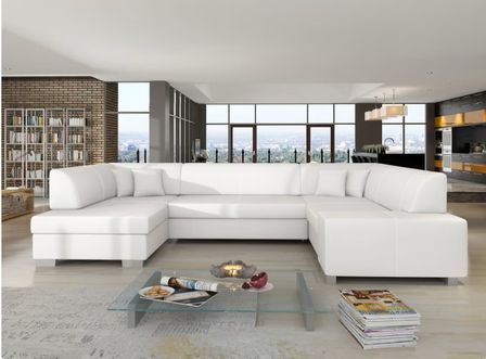 Canapé panoramique convertible HOUSTON en simili cuir avec coffre de rangement