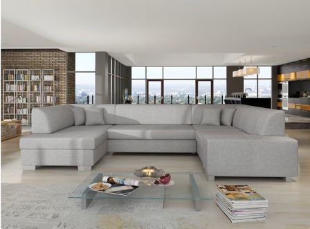 Canapé panoramique convertible HOUSTON en tissu avec coffre de rangement