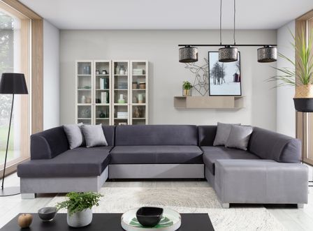 Canapé panoramique convertible HOUSTON en velours avec coffre de rangement