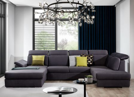 Canapé panoramique convertible LEVANO velours - Rangement et appuie-têtes réglables