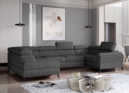 Canapé panoramique convertible SKADA en tissu avec coffre et têtières réglables – 336 cm