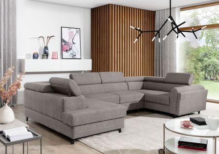 Canapé panoramique convertible SKADA en tissu avec coffre et têtières réglables – 336 cm