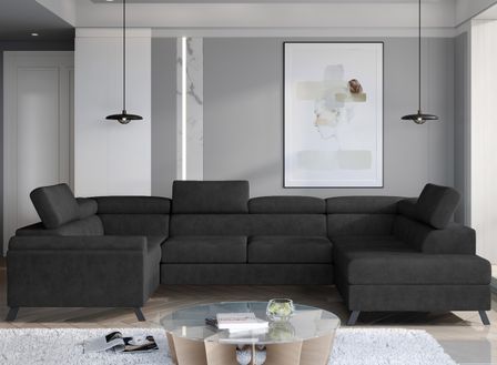 Canapé panoramique convertible SKADA en tissu avec coffre et têtières réglables – 336 cm