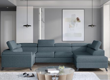 Canapé panoramique convertible SKADA en tissu avec coffre et têtières réglables – 336 cm