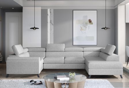 Canapé panoramique convertible SKADA en tissu avec coffre et têtières réglables – 336 cm