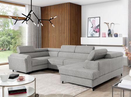 Canapé panoramique convertible SKADA en tissu avec coffre et têtières réglables – 336 cm