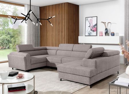 Canapé panoramique convertible SKADA en tissu avec coffre et têtières réglables – 336 cm