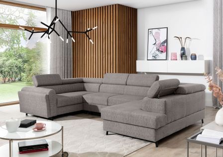 Canapé panoramique convertible SKADA en tissu avec coffre et têtières réglables – 336 cm