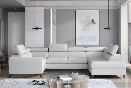 Canapé panoramique convertible SKADA simili cuir – Rangement et appuis-têtes réglables