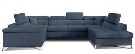Canapé panoramique convertible tissu bleu jean avec coffre de rangement Triano 342 cm