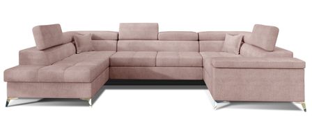 Canapé panoramique convertible tissu rose clair avec coffre de rangement Triano 342 cm