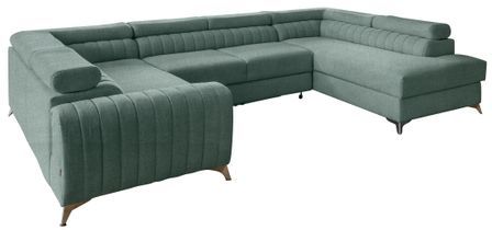 Canapé panoramique convertible tissu vert emeraude avec coffre de rangement Louve 340 cm