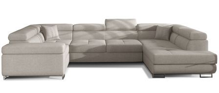 Canapé panoramique convertible TOVY en tissu avec coffre et têtières réglables – 340 cm