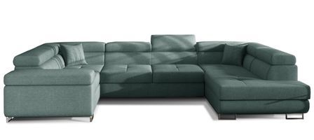 Canapé panoramique convertible TOVY en tissu avec coffre et têtières réglables – 340 cm