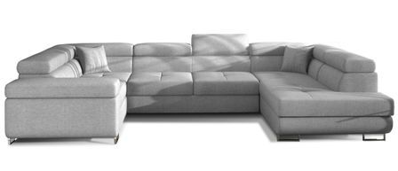 Canapé panoramique convertible TOVY en tissu avec coffre et têtières réglables – 340 cm