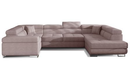 Canapé panoramique convertible TOVY en tissu avec coffre et têtières réglables – 340 cm