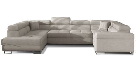 Canapé panoramique convertible TOVY en tissu avec coffre et têtières réglables – 340 cm