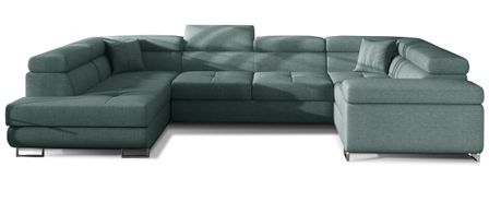 Canapé panoramique convertible TOVY en tissu avec coffre et têtières réglables – 340 cm