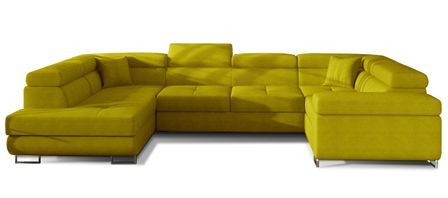 Canapé panoramique convertible TOVY en tissu avec coffre et têtières réglables – 340 cm