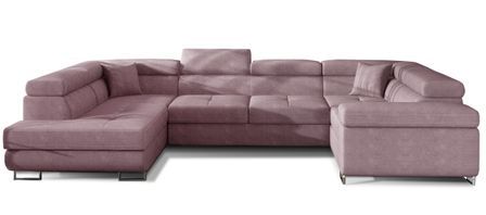 Canapé panoramique convertible TOVY en tissu avec coffre et têtières réglables – 340 cm