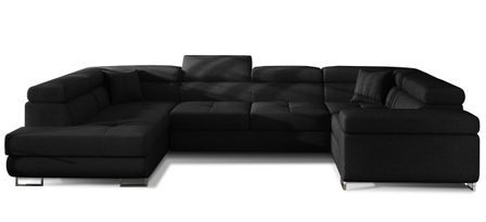Canapé panoramique convertible TOVY en tissu avec coffre et têtières réglables – 340 cm