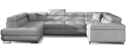 Canapé panoramique convertible TOVY en tissu avec coffre et têtières réglables – 340 cm