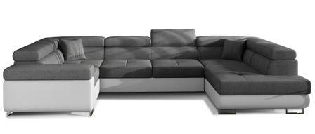 Canapé panoramique convertible TOVY en tissu et simili cuir avec têtières réglables – 340 cm