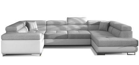 Canapé panoramique convertible TOVY en tissu et simili cuir avec têtières réglables – 340 cm