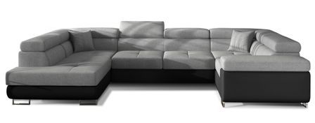 Canapé panoramique convertible TOVY en tissu et simili cuir avec têtières réglables – 340 cm