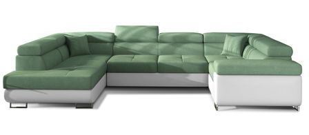 Canapé panoramique convertible TOVY en tissu et simili cuir avec têtières réglables – 340 cm